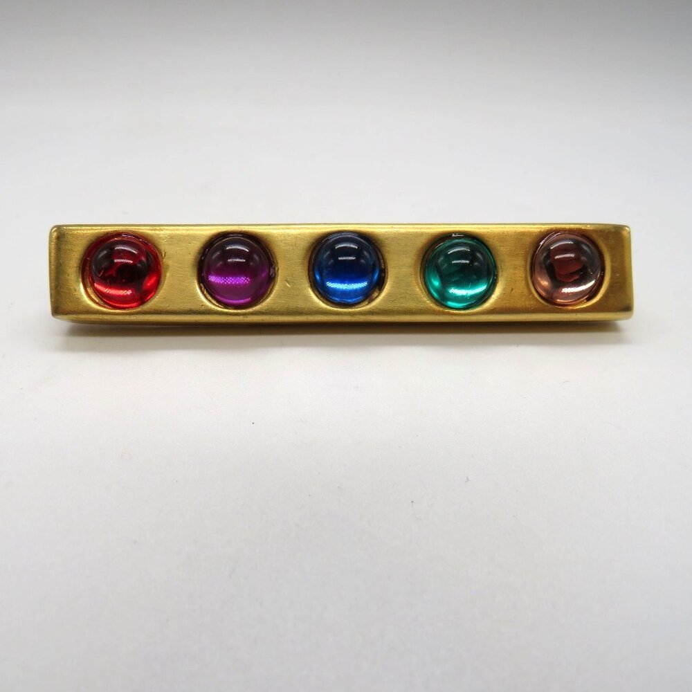 Bar Brooch 3" Gold Tone Multicolor Lucite Cabochons Vintage 90s Career Pin